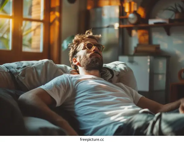 Bearded man napping on couch with sunglasses