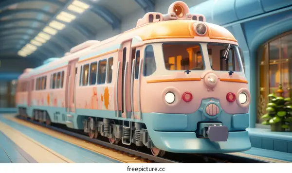 A pink and blue train is in a station