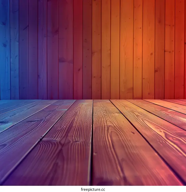 Wooden planks lit by blue and orange lights