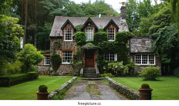 Stone cottage in a green countryside