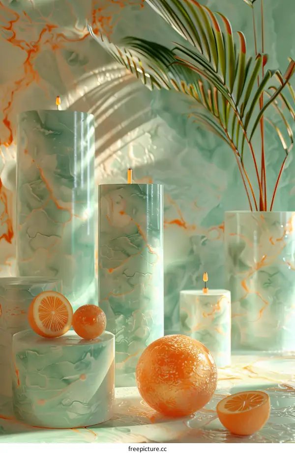 Elegant Still Life with Marble Candles and Citrus Fruits