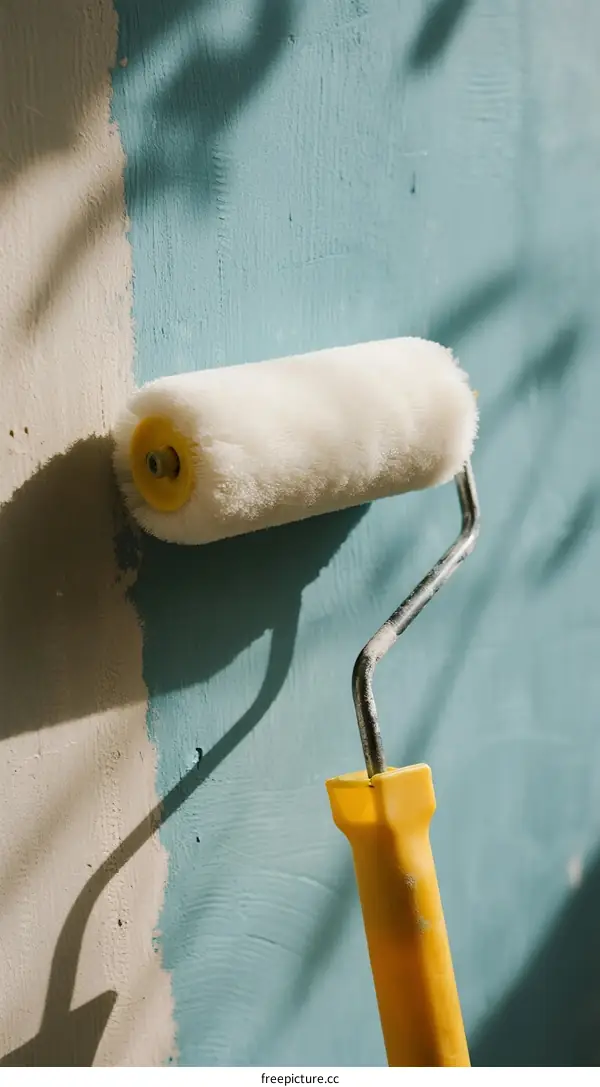 Painting Wall with Yellow Handle Paint Roller