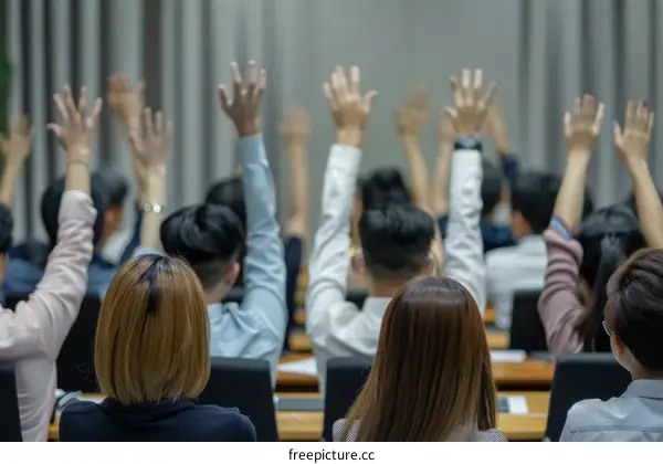 A group of people are raising their hands in a classroom