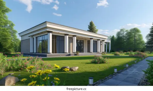 Modern house with columns and a landscaped garden