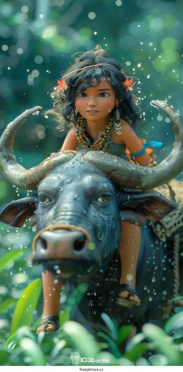 An illustration of a girl riding a water buffalo through a jungle