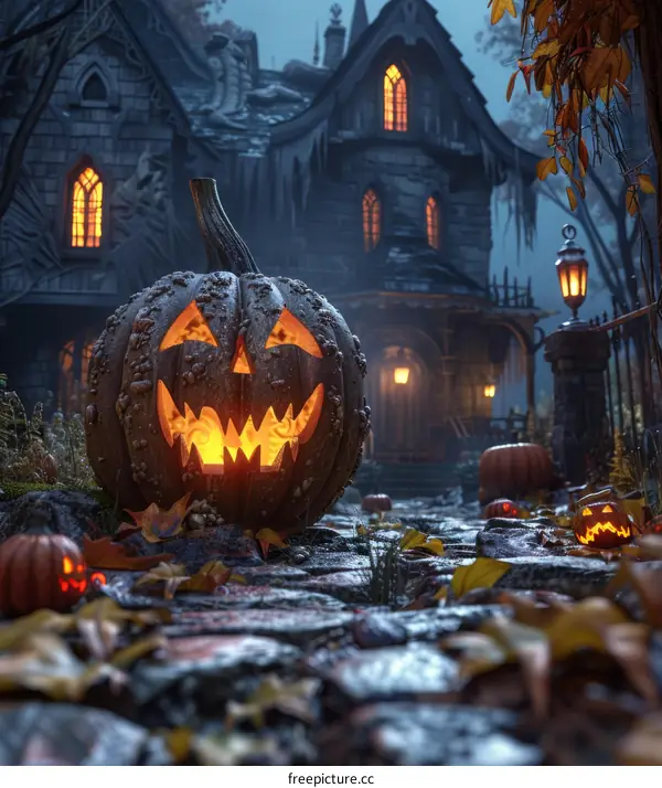 Spooky Halloween Pumpkin with Autumn Leaves
