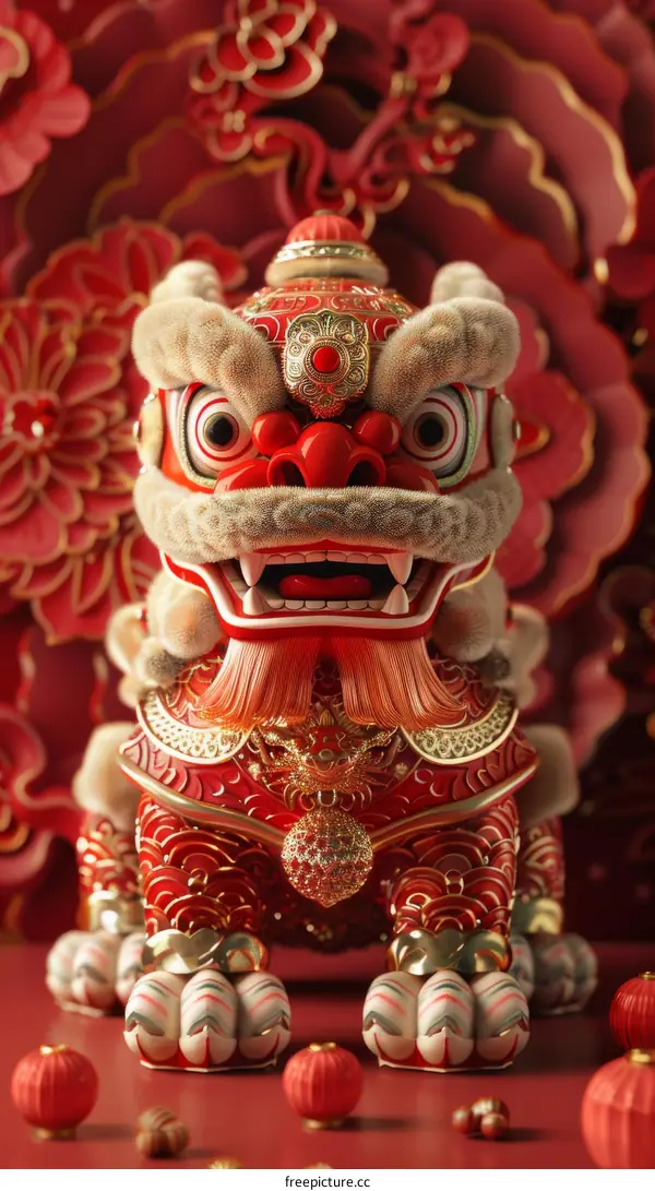 3D Render of Chinese Lion Statue with Red and Gold Accents