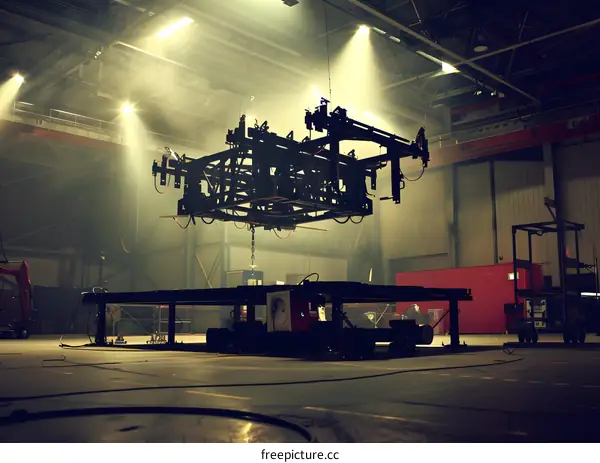 Industrial Factory Interior with Metal Structure Suspended from Crane