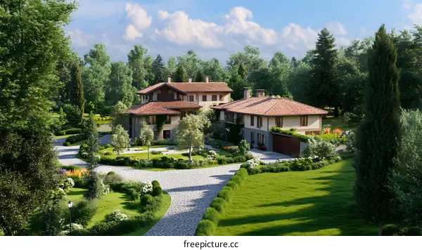 Stone House With Red Tile Roof Surrounded By Greenery