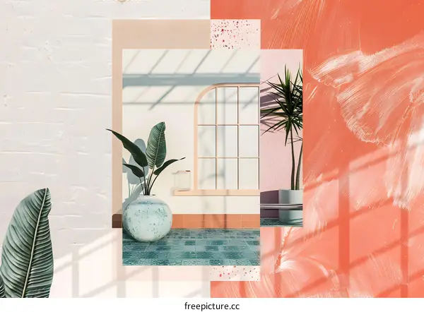 Minimalist Illustration of a Window with Plants and Pastel Colors
