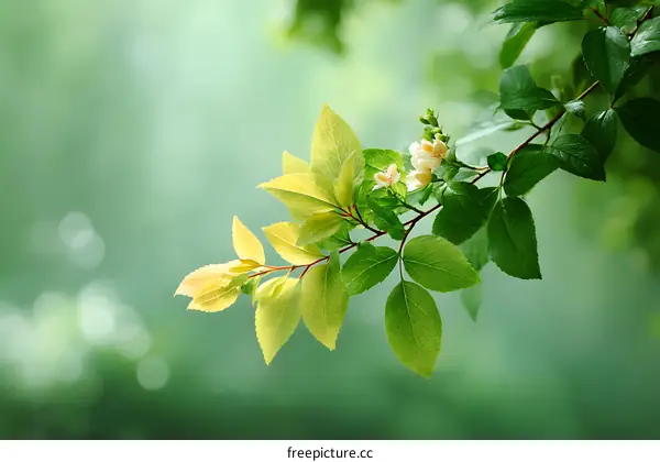 Spring Branch with Fresh Leaves and Flowers