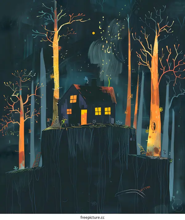 Night Forest With a Little House on a Cliff