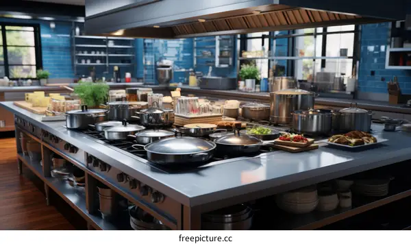Commercial Kitchen with Stainless Steel Appliances and a Large Island
