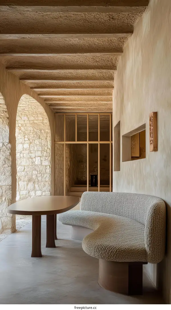 Modern Rustic Interior Design with Curved Sofa and Wooden Table