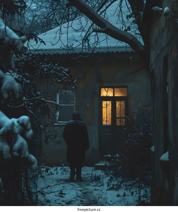 A man walking towards a house in the snow