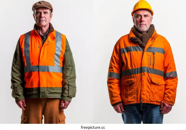 Two construction workers wearing hard hats and reflective vests