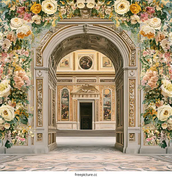 Floral Archway Leading to a Baroque Palace