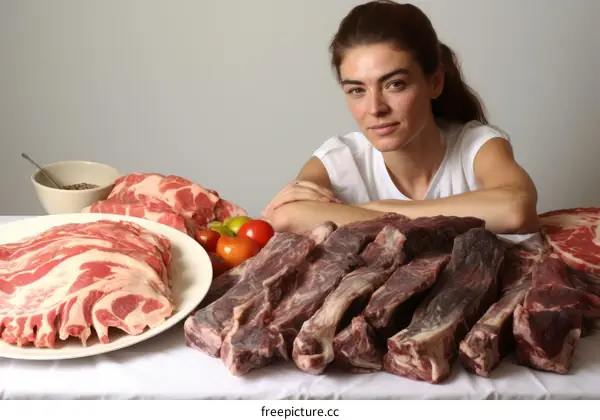 Close-up of female butcher posing with raw meat