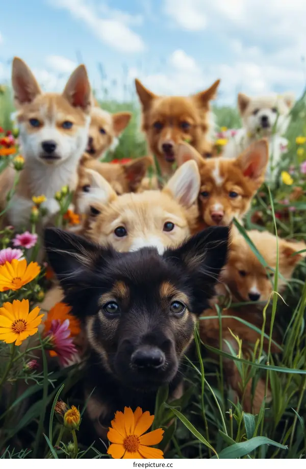 A group of puppies curiously peeking out from a flower field