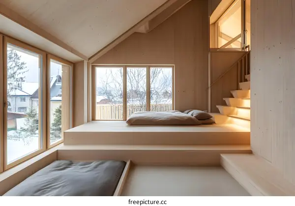 Modern Wooden Cabin Interior With Platform Bed and Large Windows