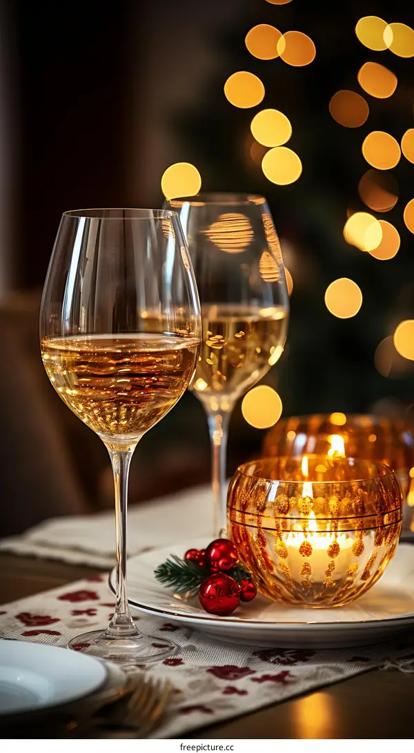 Two glasses of white wine on a table with a candle and Christmas decorations