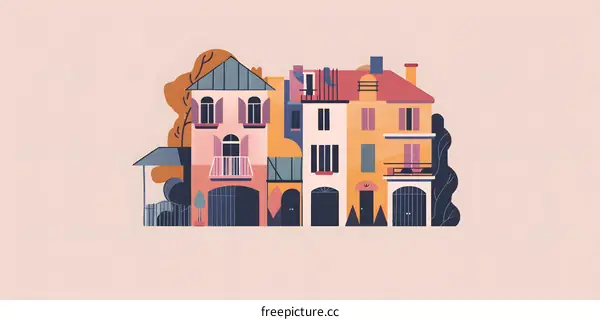 Colorful Illustration of a Row of Townhouses