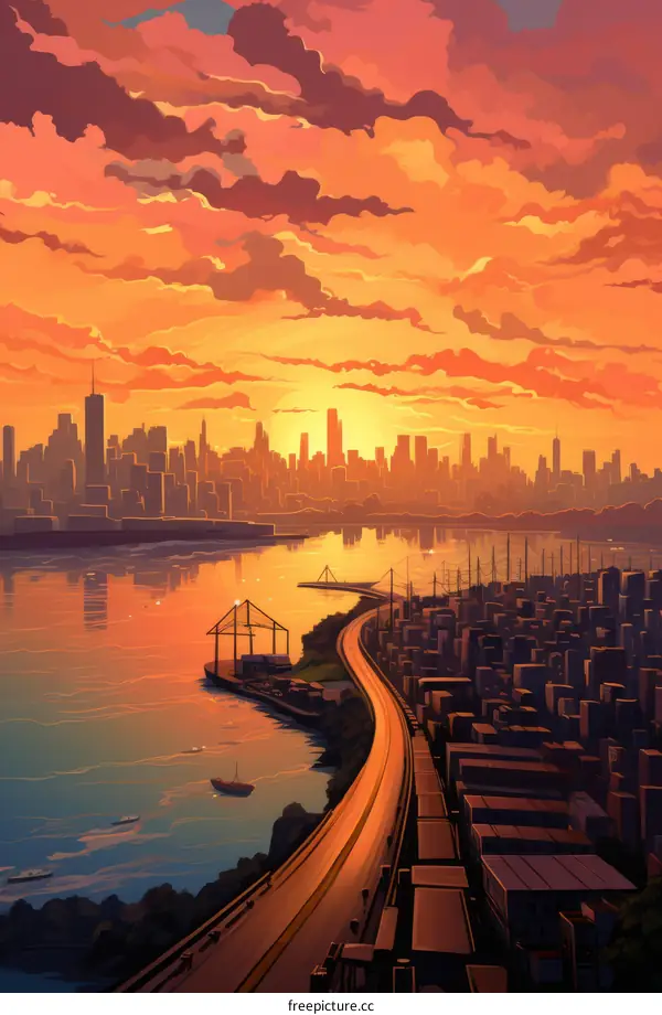 Cityscape illustration of a sunset over a river with a bridge and a road in the foreground