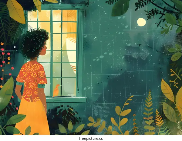 Woman Looking Out Window at Night