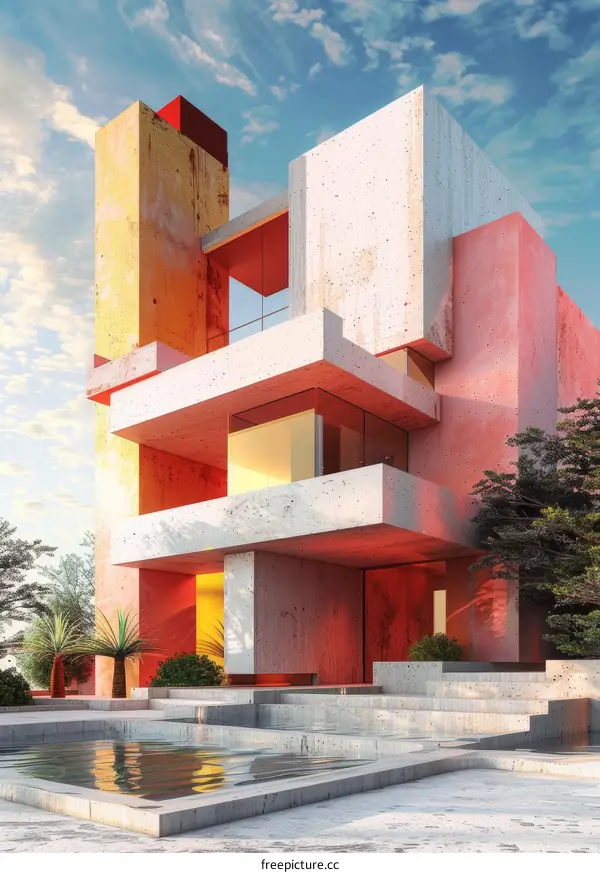 Modern minimalist house exterior with geometric shapes and bright colors