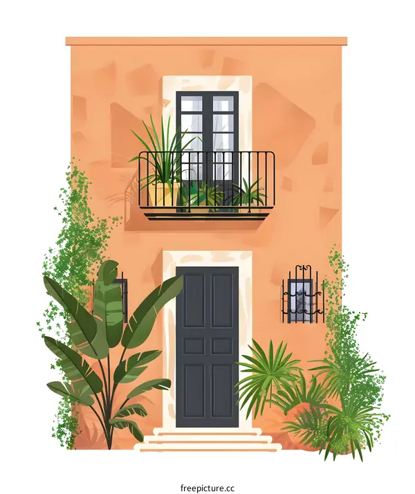 Orange Building with Balcony and Green Plants