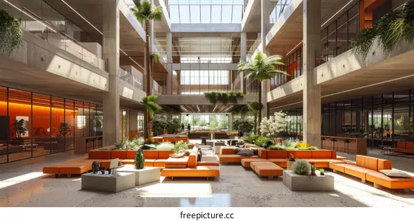 Large modern office space atrium with orange couches and trees