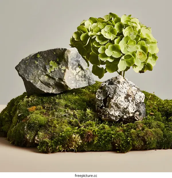 Green Plant With Moss and Rocks Still Life