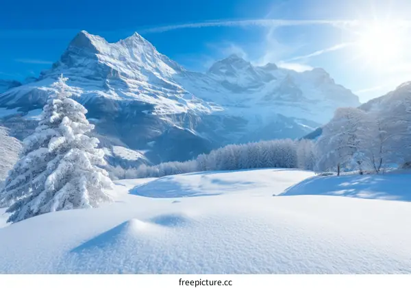 A beautiful winter landscape of snow covered mountains and trees