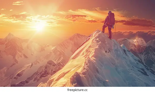 A mountain climber reaches the summit of a mountain and looks out at the view