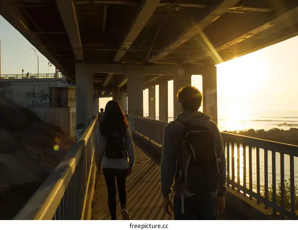 Couple Walking Under Bridge At Sunset