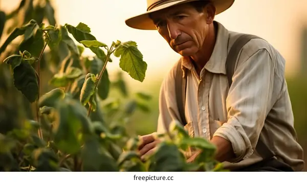 A farmer wearing a hat inspects his soybean crop