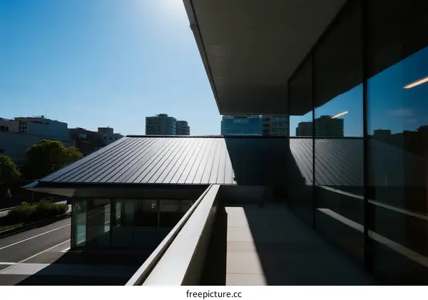 Modern Building Exterior with Glass Facade and Metal Roof