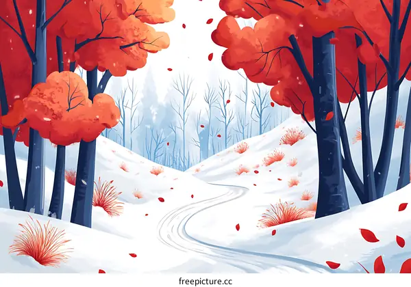 Winter Wonderland Landscape Painting with Red Trees and Snow