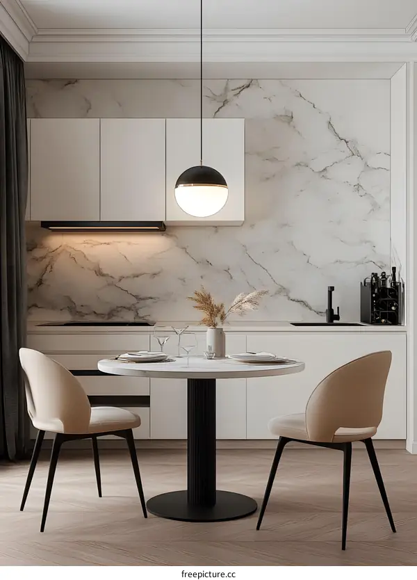 Modern Kitchen Interior Design with Marble Backsplash and Round Dining Table