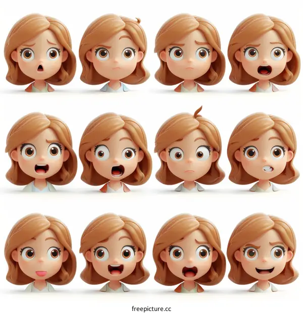 3D Cartoon Character Female Head With Different Expressions