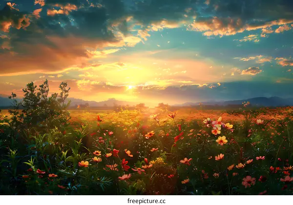 Beautiful Sunset Over Flower Field