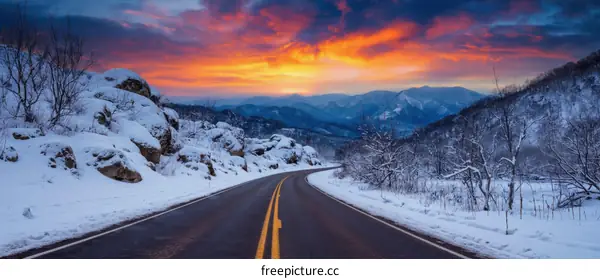 Winter Road Trip Scenic Landscape Sunset