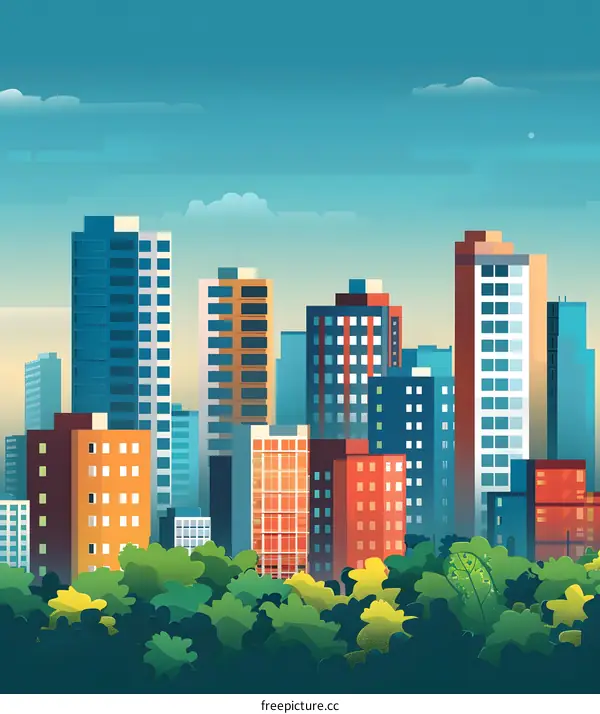 Modern Cityscape with Green Trees Illustration