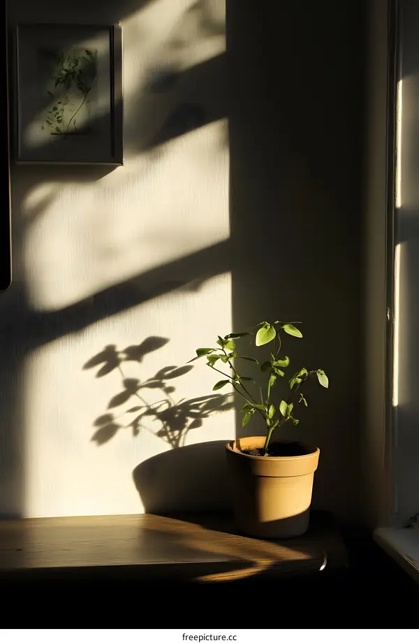Sunlight Streaming Through Window Illuminates Small Plant On Windowsill