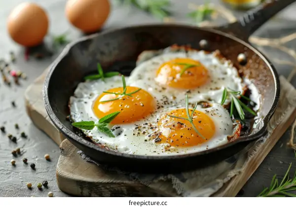Three fried eggs in a cast iron pan with rosemary