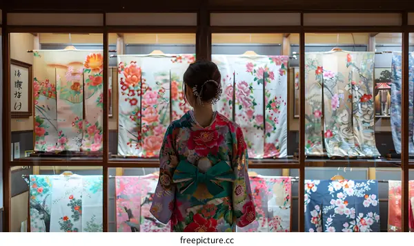 A woman wearing a kimono looks at a display of kimono in a museum.