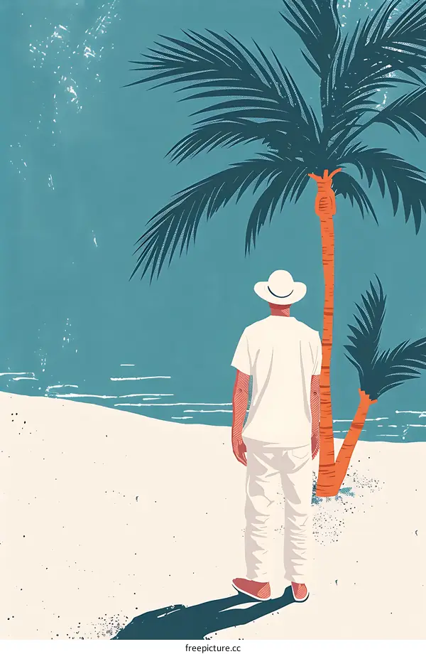 Man in White Looking at the Ocean on a Tropical Beach Illustration