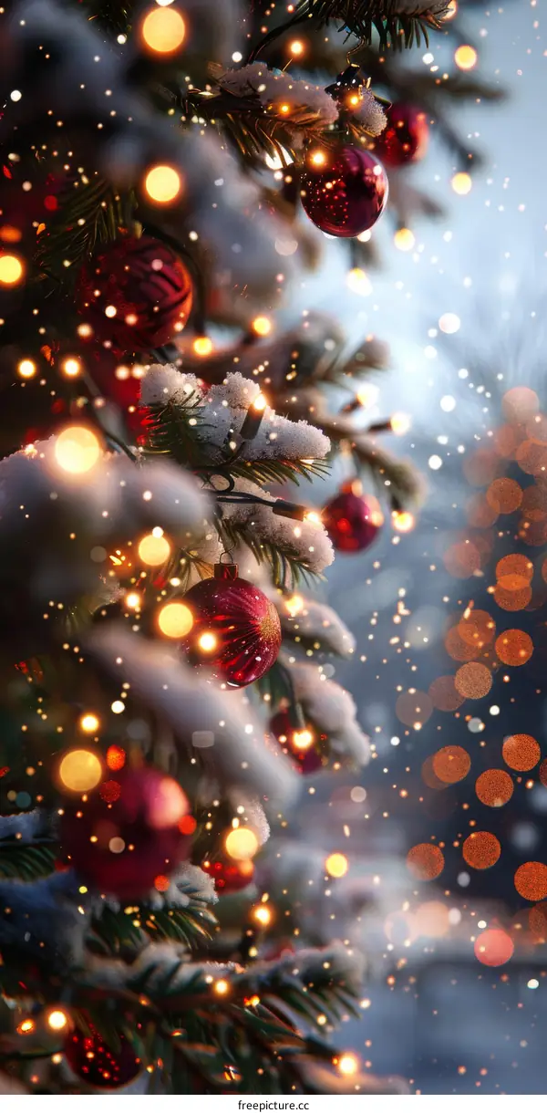 Snowy Christmas Tree Lights and Decorations
