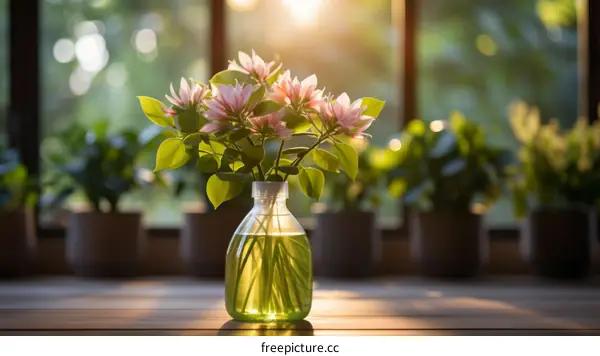 A beautiful bouquet of flowers sits on a table near a window.
