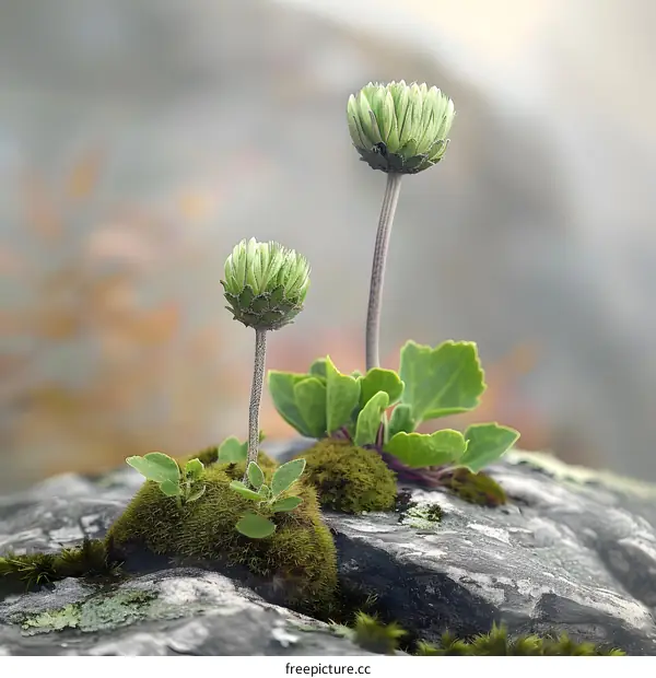 Green Buds Emerging from Mossy Rock